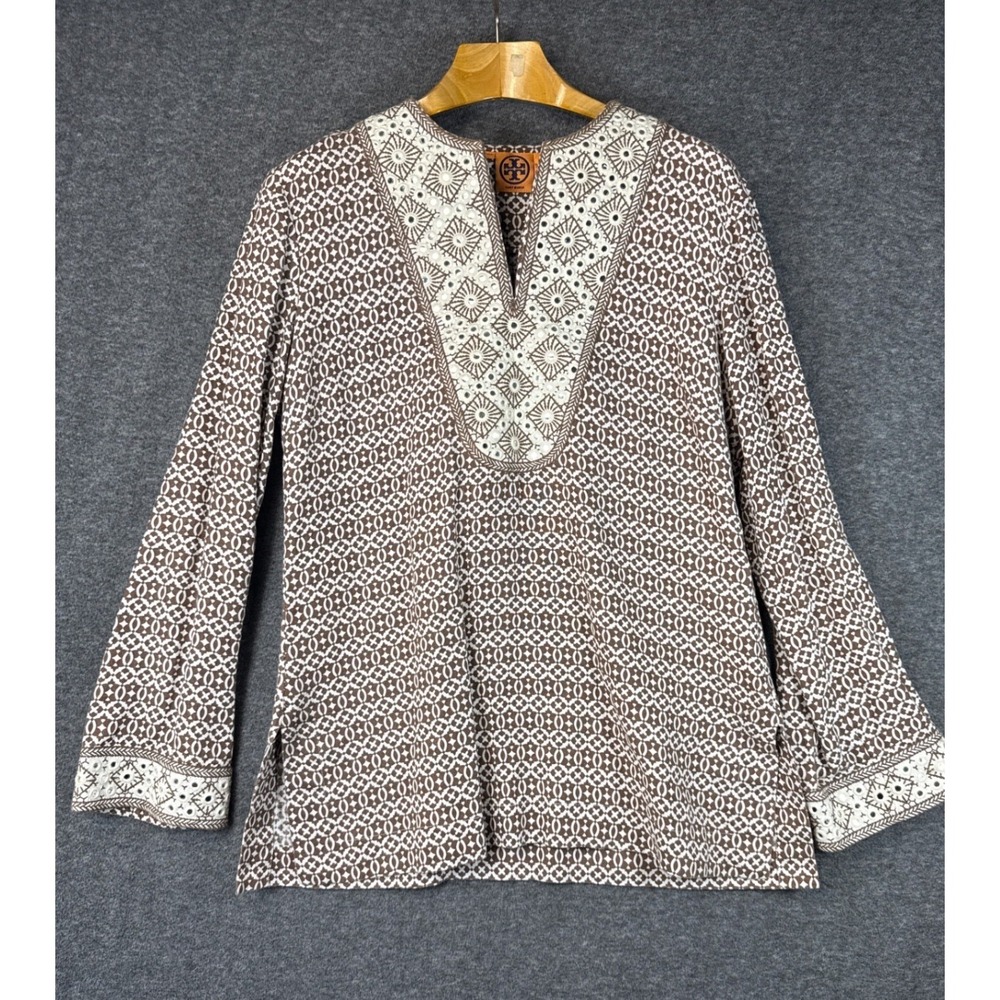 Tory Burch Linen Mirror Embellished Festive‎ Tunic Top Size 14 Boho Chic Luxury - Picture 2 of 12